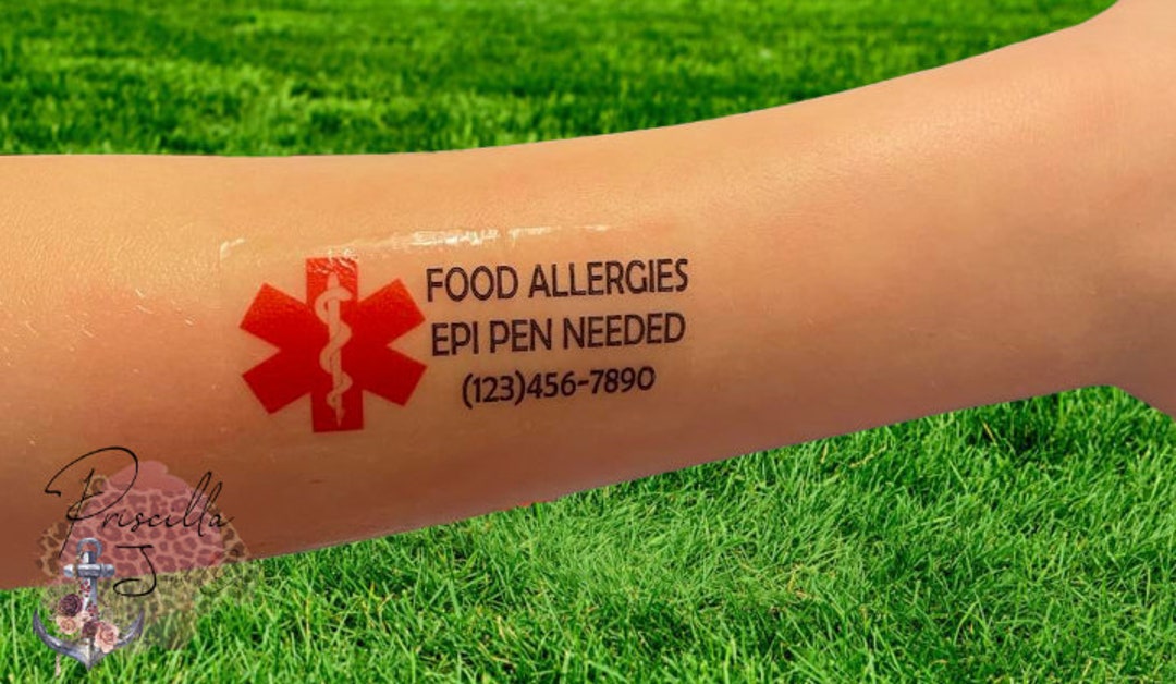 Custom Medical Alert Temporary Tattoos, Food Allergies, Emergency Contact, Safety Tattoo