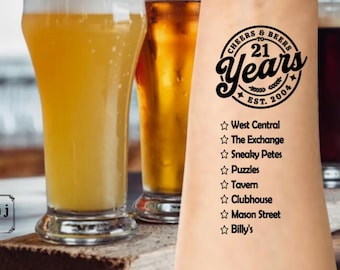 Saludos y cervezas para los 21 años, tatuaje temporal personalizado de lista de verificación para Pub Crawl del 21.º cumpleaños, tatuaje temporal para Pub Crawl, lista de verificación para Pub Crawl