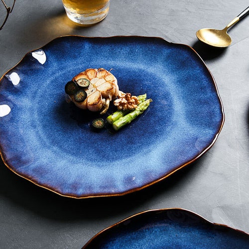 Artfully Shaped 1/2/4 Person Tableware store | Blue Colored Ceramic Dinner Set | Irregular Shape Dinner Set