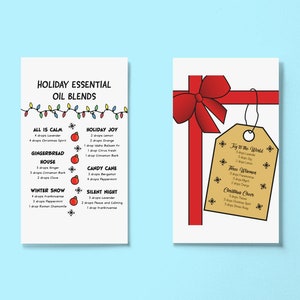 以下が含まれることがあります： 休日のエッセンシャルオイルブレンドが書かれた印刷可能なカード2枚。最初のカードには、「All is Calm」や「Gingerbread House」などの名前が付けられた5つのブレンドのリストが記載されています。2枚目のカードには、「Joy to the World」、「Peace on Earth」、「Christmas Cheer」というテキストが書かれたギフトタグが付いています。