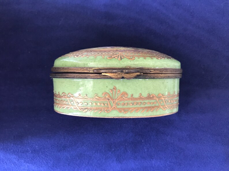 Antique European Porcelain Trinket Box in Green and Gold with Courting Couple For Your Love