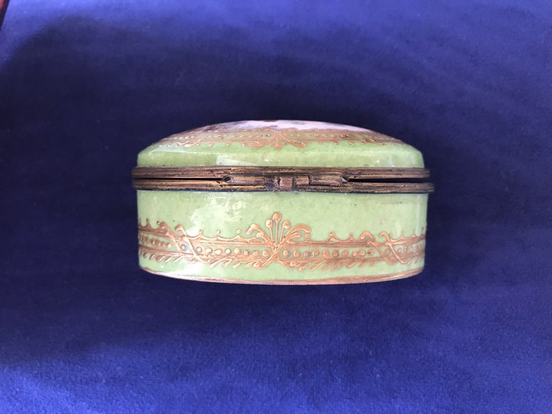 Antique European Porcelain Trinket Box in Green and Gold with Courting Couple For Your Love