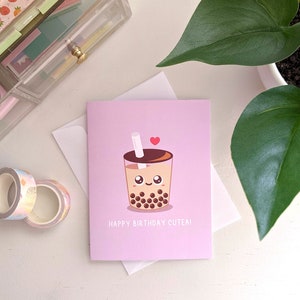 Feliz cumpleaños Cutea Boba Tarjeta de felicitación / Té de burbujas, Juego de palabras de comida asiática, Punny, Kawaii, Lindo, Amistad, Té con leche, Mejor amigo, Divertido, AAPI