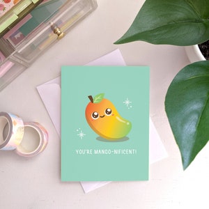 You're Mango-nificent! | Anniversary, Valentine's Day, Love, Asian Food Pun, Punny, Kawaii, Peach, Fruit, Cute, Sweet Greeting Card