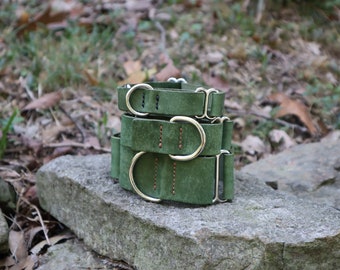Green Italian Leather Martingale Dog Collar--Multiple Sizes--Multiple Widths--Fully Adjustable