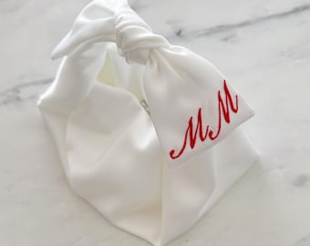 White wedding bridal satin bow bag, Bridesmaida gift, small bow handle bag, handmade satin purse with Red Initials embroidery