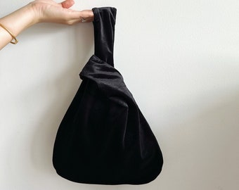 bolso de nudo de terciopelo negro suave hecho a mano, bolso de nudo japonés, bolso de mujer negro, bolso de nudo pequeño, bolso de mujer diario