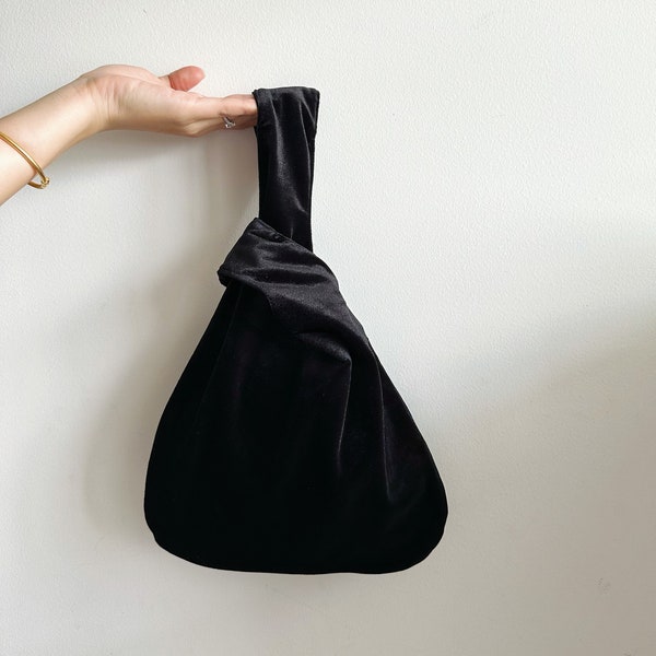 handmade soft black velvet knot bag, Japanese knot bag, black women bag, small knot bag, daily women bag