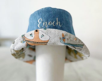 Personalised reversible Baby bucket hat, denim sun hat,baby boy hat, day care hat cotton canvas fabric, fox pattern, fox baby hat