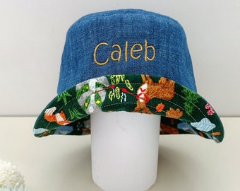 Personalised reversible denim Baby bucket hat, denim sun hat, baby bay hat, day care hat, name hat - Corduroy green fox and bear