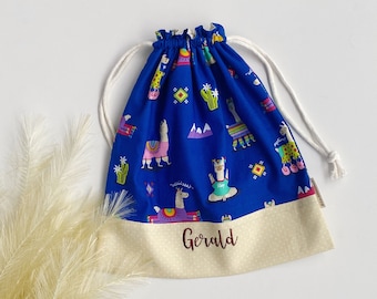 Personalised kids drawstring bag, custom name bag, pre school day care bag, Library Bag Nursery bag, toy storage kids gift bag - Blue lama