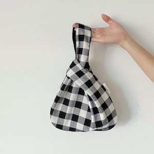 handmade checkered knot bag, Japanese knot bag, black women bag, small knot bag, daily women bag, gingham bag