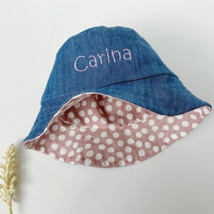 Personalised reversible Baby bucket hat, denim sun hat, baby girl hat, day care hat cotton canvas fabric, kids pink hat, free shipping AU
