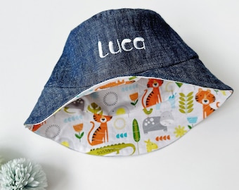 Personalised reversible denim Baby bucket hat, denim sun hat, baby boy hat, day care hat, football. print hat, name hat - light grey animals