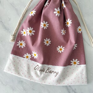 Personalised girls drawstring bag, light-weight nappy bag, Library Bag, Day care Bag, Nursery bag, reusable gift bag, Daisy flower image 11