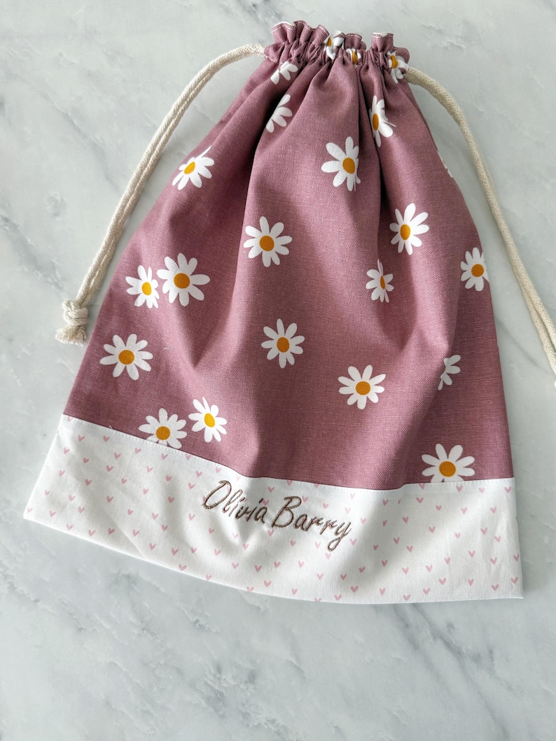 Personalised girls drawstring bag, light-weight nappy bag, Library Bag, Day care Bag, Nursery bag, reusable gift bag, Daisy flower image 11