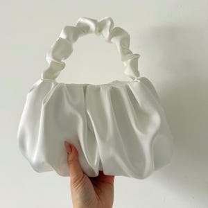 Handmade white ivory Satin Ruffle Handle Bag, Handmade Bridal Purse,  Elegant Bridesmaid Gift, Wedding Clutch, white Satin Evening Bag