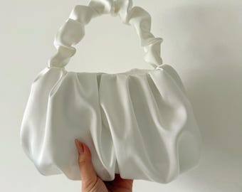 Handmade white ivory Satin Ruffle Handle Bag, Handmade Bridal Purse,  Elegant Bridesmaid Gift, Wedding Clutch, white Satin Evening Bag
