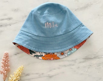 Personalised reversible Baby bucket hat, denim sun hat, day care hat cotton drill fabric,  fresh flower prints , handmade hat, toddlers hat