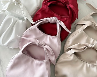 Handmade small cute satin bow bag, wedding bag, black evening bag, Red dinner bag, white bridal bag, champagne bag, knot bag, satin bag