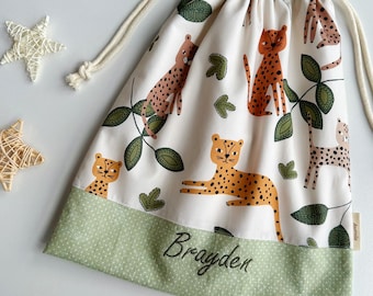 Personalised kids drawstring bag, light-weight nappy bag, Library Bag, Day care Bag, Nursery bag, reusable gift bag, Green leopard print