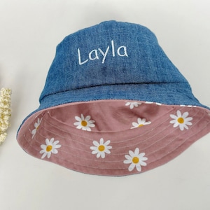 Personalised reversible Baby bucket hat, denim sun hat, baby girl hat, day care hat cotton canvas fabric, kids flower hat, free shipping AU