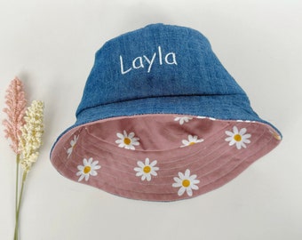 Personalised reversible Baby bucket hat, denim sun hat, baby girl hat, day care hat cotton canvas fabric, kids flower hat, free shipping AU