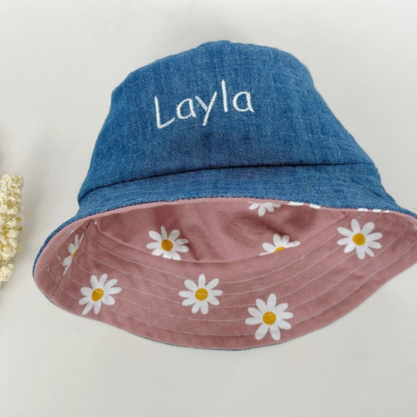 Personalised reversible Baby bucket hat, denim sun hat, baby girl hat, day care hat cotton canvas fabric, kids flower hat, free shipping AU