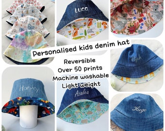 Personalised reversible denim Baby bucket hat, sun hat, toddlers hat, baby hat, toddler gift, day care hat 40+ pattern