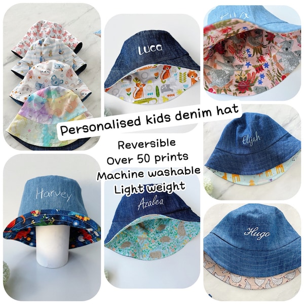 Personalised reversible denim Baby bucket hat, sun hat, toddlers hat, baby hat, toddler gift, day care hat 40+ pattern