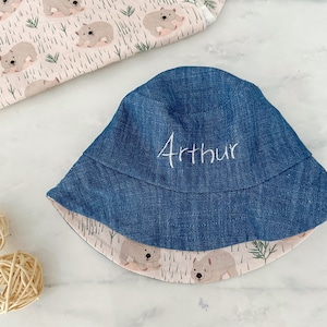 Personalised reversible denim Baby bucket hat, denim sun hat, baby boy hat, day care hat, football. print hat, name hat - Wombat