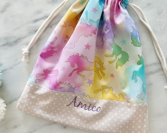 Personalised kids drawstring bag, custom name bag, pre school day care bag, Library Bag Nursery bag, toy storage kids gift bag - unicorn
