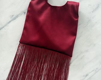 Handmade Red satin knot bag with short fringe, black wedding bag, bridesmaid gift bag, Japanese knot bag, minimalist Clutch Purse