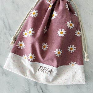 Personalised girls drawstring bag, light-weight nappy bag, Library Bag, Day care Bag, Nursery bag, reusable gift bag, Daisy flower image 10
