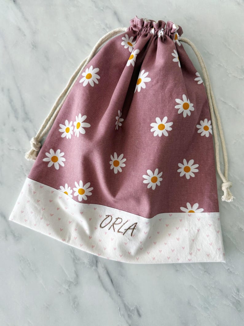 Personalised girls drawstring bag, light-weight nappy bag, Library Bag, Day care Bag, Nursery bag, reusable gift bag, Daisy flower image 10