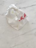 White wedding bridal satin bow bag, Bridesmaida gift, small bow handle bag, handmade satin purse with Red Initials embroidery product logo