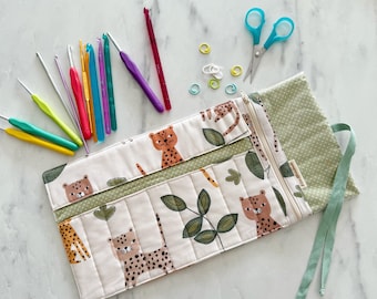 Crochet Hook Organizer Pouch, Travel Case for Crochet Hooks & Tools, Roll-Up needles Storage Bag , needles roll - Leopard, koala bears