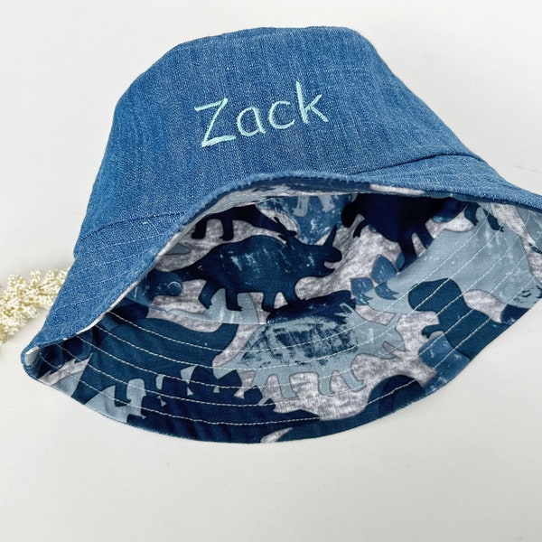Personalised reversible Baby bucket hat, denim sun hat,baby boy hat, day care hat cotton canvas fabric, dinosaur pattern, free shipping AU