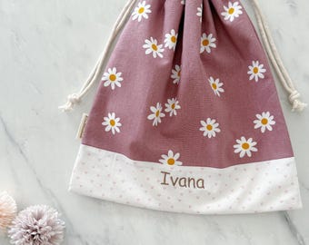 Personalised girls drawstring bag, light-weight nappy bag, Library Bag, Day care Bag, Nursery bag, reusable gift bag, Daisy flower