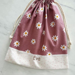 Personalised girls drawstring bag, light-weight nappy bag, Library Bag, Day care Bag, Nursery bag, reusable gift bag, Daisy flower image 2