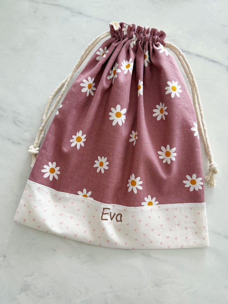 Personalised girls drawstring bag, light-weight nappy bag, Library Bag, Day care Bag, Nursery bag, reusable gift bag, Daisy flower image 2