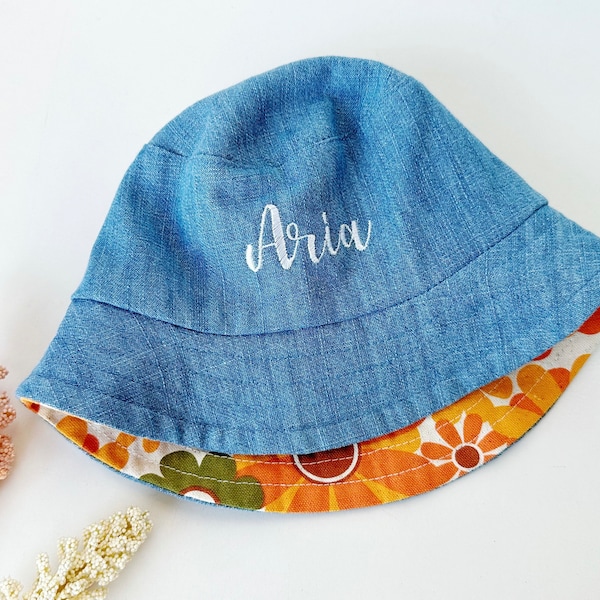 Personalised reversible Baby bucket hat, denim sun hat, baby girl hat, day care hat cotton canvas fabric, kids flower hat - Orange daisy