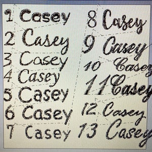May include: A white background with the name "Casey" written 13 times in black cursive script. Each name is numbered from 1 to 13.