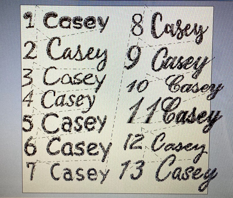 May include: A white background with the name "Casey" written 13 times in black cursive script. Each name is numbered from 1 to 13.