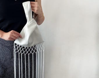 Handmade Ivory white satin knot bag with long tassels, white wedding bag, bridesmaid gift bag, Japanese knot bag, minimalist Clutch Purse