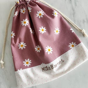 Personalised girls drawstring bag, light-weight nappy bag, Library Bag, Day care Bag, Nursery bag, reusable gift bag, Daisy flower image 9