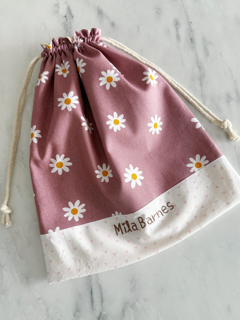 Personalised girls drawstring bag, light-weight nappy bag, Library Bag, Day care Bag, Nursery bag, reusable gift bag, Daisy flower image 9