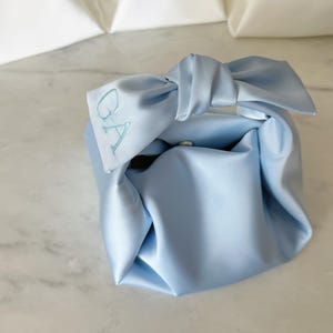 Soft blue satin bow bag, wedding guest bag, slate blue evening bag, light blue dinner bag, bridal satin bag, bow handle bag, handmade bag