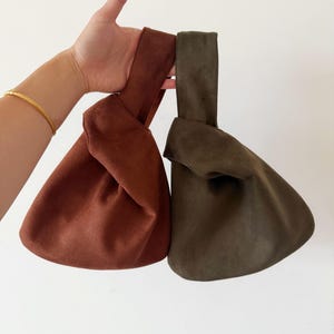 handmade soft vegan suede Japanese knot bag, minimalist wristlet, small knot bag, daily women bag, olive green knot bag, casual bag