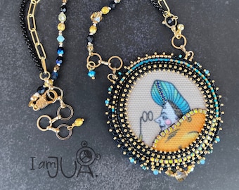 Bead Embroidery Necklace: Handmade Woman Portrait Pendant